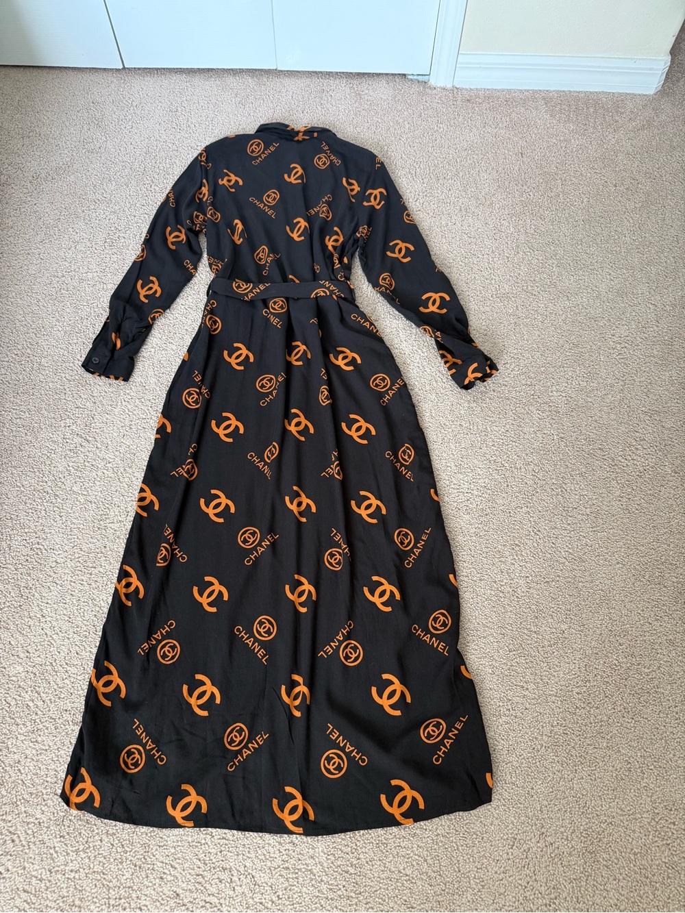 Black and Orange Logo Print Maxi Dress
